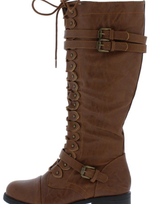 Timberly65 Cognac Multi Buckle Lace Up Knee High Boot