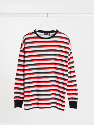 Asos Design Long Sleeve Striped T-shirt With Cuff In White