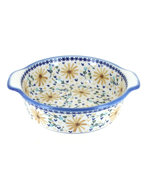 Blue Rose Polish Pottery Yellow Daisy Round Baker