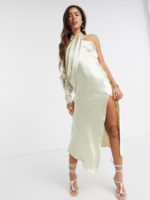 Asos Design Halter Drape High Shine Satin Midi Dress With Ruched Sleeve In Oyster