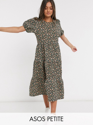 Asos Design Petite Midi Tiered Smock Dress In Black Floral Print