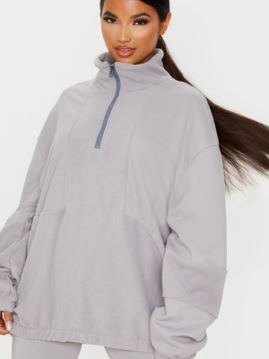 Grey Fleece Zip Front Oversized Sweater