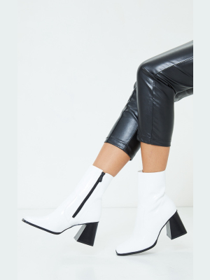 White Pu Flared Block Heel Square Toe Boots