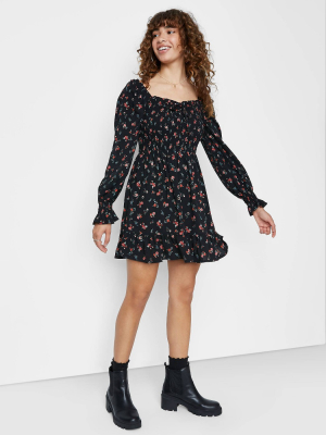 Women's Floral Print Long Sleeve Smocked Top Short Dress - Wild Fable™