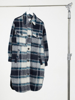 Bershka Longline Overshirt Shacket In Plaid