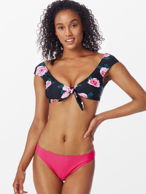 Floral Print Capped Sleeve Knotted Bikini