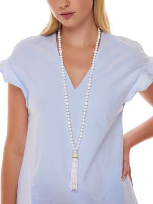 36" White Glass Bead Tassel Necklace