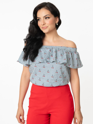 Unique Vintage Blue & White Gingham Cherry Print Luanne Top