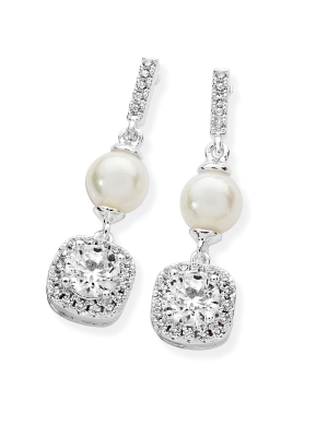 Pearl Bar With Cubic Zirconia Drop Earrings