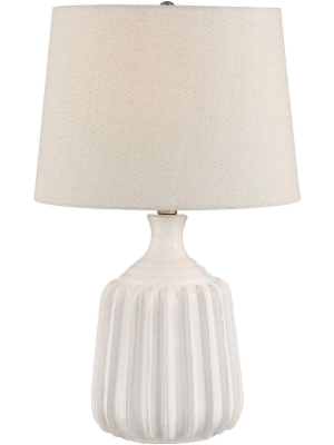 360 Lighting Mid Century Modern Accent Table Lamp Ribbed Ceramic Glossy White Oatmeal Linen Drum Shade For Living Room Bedroom