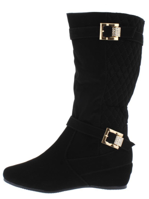 Yvette139 Black Nubuck Multi Strap Diamond Quilted Calf Boot