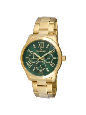Women's Peugeot Round Stainless Steel Multifunction Bracelet Watch - Gold And Green
