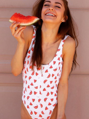 Watermelon Low Back Zipper Front One Piece Swimsuit