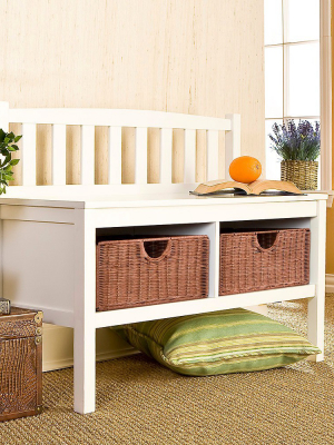 White Bench With Brown Rattan Baskets - Aiden Lane