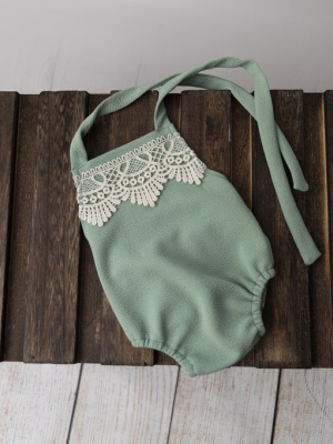 Bohemian Stitch Romper With Lace - Textured - Light Olive