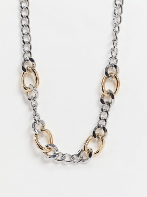 Asos Design Necklace In Alternated Curb Chain In Mixed Tone