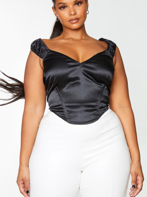 Plus Black Satin Bardot V Neck Corset