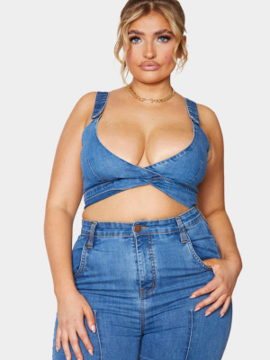 Plus Mid Blue Wash Contrast Stitch Denim Bralet