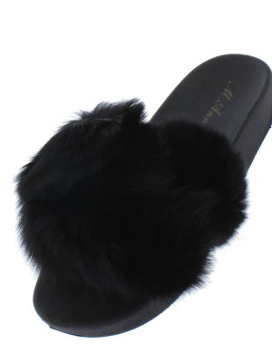 Pompomff Black Pompom Fur Open Toe Slide Sandal