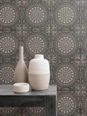 Mandala Boho Tile Wallpaper In Brushed Ebony And Stone From The Boho Rhapsody Collection By Seabrook Wallcoverings