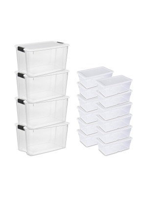 Sterilite 70 Quart Ultra Storage Container Box (4 Pack) + 6 Qt. Tote (12 Pack)