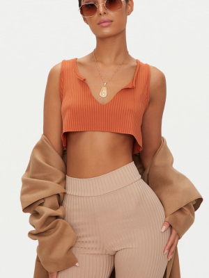 Burnt Orange Rib Deep V Raw Edge Crop Top