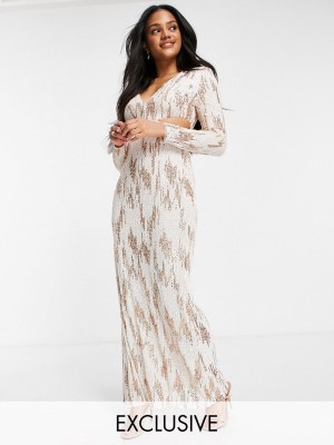 Jaded Rose Exclusive Sequin Plunge Maxi Dress In Cream And Rose Gold