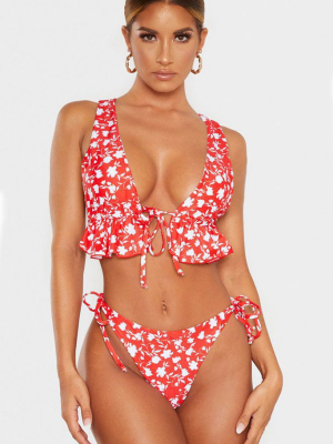 Floral Print Ruffle Tie Up V Neck Bikini Swimsuit - Two Piece Set