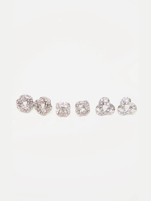 Silver Diamante Knotted Stud Earrings Multi Pack