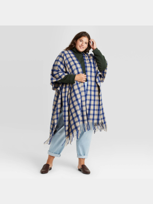 Women's Plus Long Plaid Ruana Kimono Jacket - A New Day™ Brown One Size