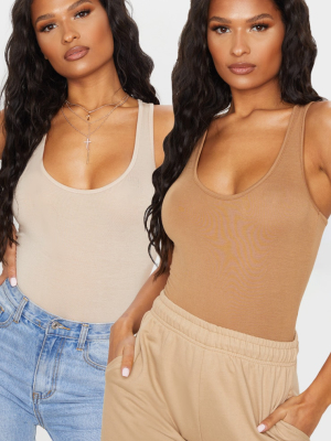 2 Pack Camel & Stone Basic Racer Back Bodysuit