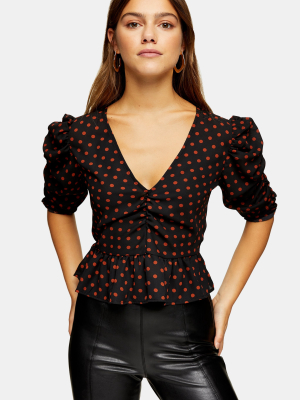 Petite Black And Red Spot Ruched Sleeve Top