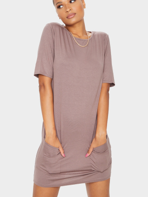 Taupe Basic Pocket Detail T Shirt Dress