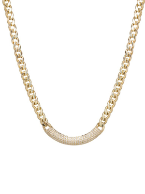 14k Large Curb Chain Necklace With Pave Diamond Curved Chubby Bar