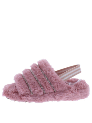 Parisa Blush Rhinestone Faux Fur Open Toe Slingback Sandal