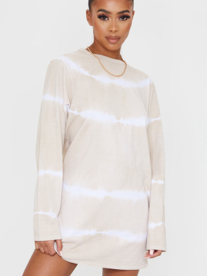 Beige Tie Dye Long Sleeve T Shirt Dress