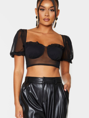 Black Mesh Frilled Cup Short Sleeve Crop Top