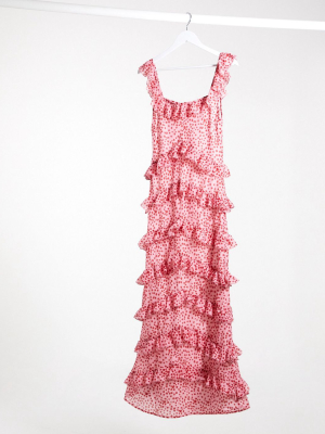 Pretty Lavish Tiered Ruffle Midaxi Dress In Pink And Red Polka Dot