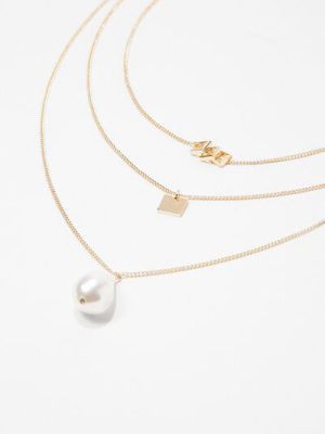 Faux Pearl & Square Pendant Necklace Set