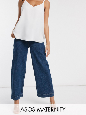 Asos Design Maternity High Rise 'easy' Wide Leg Jeans In Mid Wash Blue