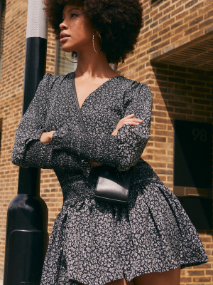 Black And White Shirred Waist Mini Dress