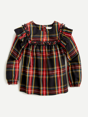 Girls' Double-ruffle Trim Top In Stewart Tartan