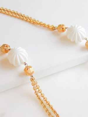 Vintage 1960s Gold Necklace With White Beads