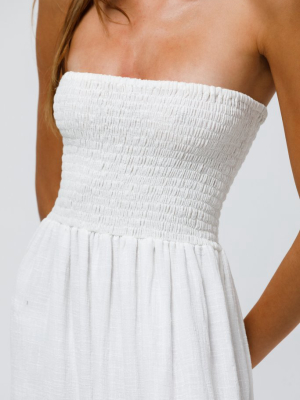 Rita Strapless Shirred Midi Dress In Off White Cotton Gauze