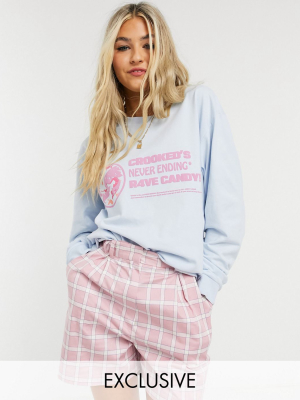 Crooked Tongues Oversized Longsleeve T-shirt With Rave Candy Print In Blue