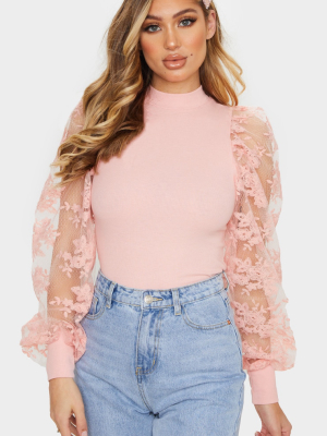 Blush Floral Embroidered Puff Sleeve Rib Long Top