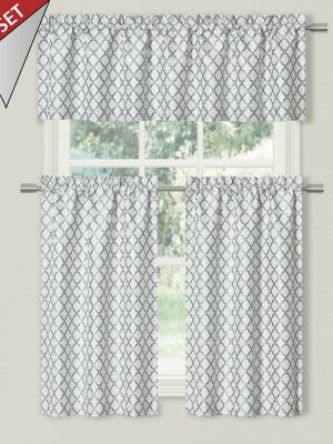 Kate Aurora White & Gray Moroccan Geometric Kitchen Curtain Tier & Valance Set