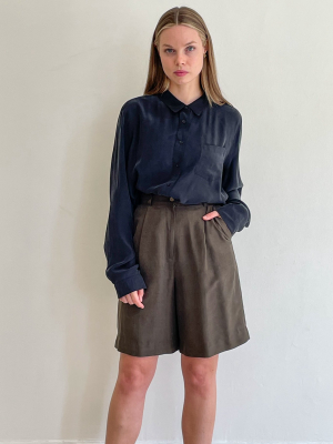 Olive Silk Pleated Shorts