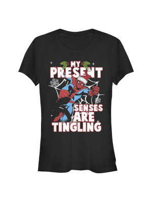 Junior's Marvel Spider-man Present Senses Tingling Holiday T-shirt