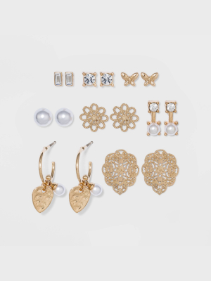 Pearl, Filigree, And Cubic Zirconia Stud Earring Set 8pc - A New Day™ Gold